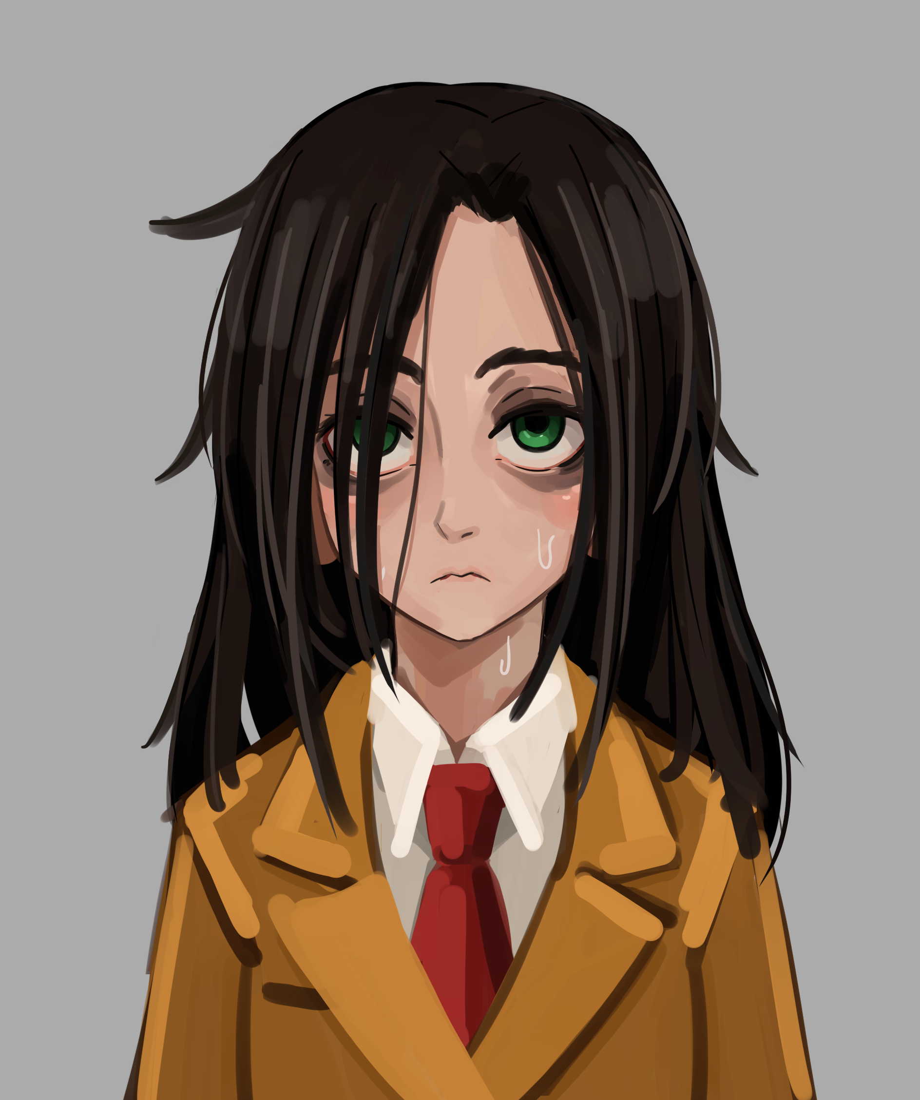 kurokimoko, kuroki tomoko, watashi ga motenai no wa dou kangaetemo omaera ga warui!, highres, 1girl, bags under eyes, black hair, brown jacket, closed mouth, collared shirt, green eyes, grey background, jacket, light frown, long hair, necktie, red necktie, school uniform, shirt, simple background, solo, sweat, white shirt