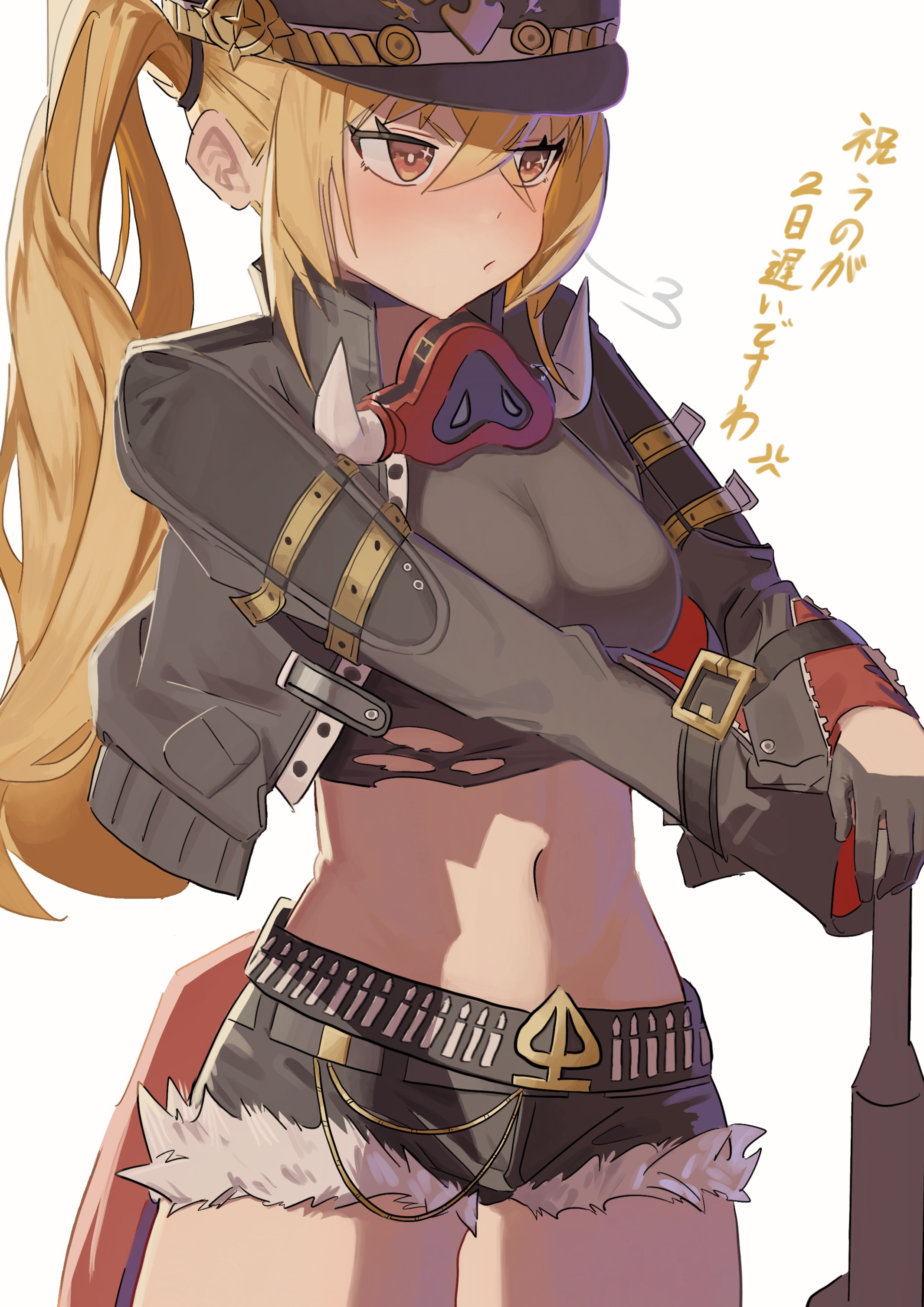 luciana de montefio, zenless zone zero, absurdres, highres, 1girl, baseball bat, black helmet, black jacket, blonde hair, blush, brass knuckles, combat helmet, fur-trimmed shorts, fur trim, gloves, half gloves, helmet, holding, holding baseball bat, jacket, mask, mask around neck, metal baseball bat, micro shorts, navel, omame meshi, orange eyes, pickelhaube, shorts, side ponytail, solo, sparkling eyes, spiked jacket, standing, stomach, weapon, white background