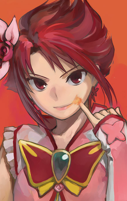 b suke, cure rouge, natsuki rin, precure, yes! precure 5, yes! precure 5 gogo!, eyebrows, >:), 00s, 1girl, brooch, closed mouth, earrings, elbow gloves, female focus, fingerless gloves, fire, flower, frills, gloves, hair flower, hair ornament, jewelry, lips, looking at viewer, magical girl, pink gloves, pink shirt, red eyes, red hair, red theme, shirt, short hair, simple background, sleeveless, sleeveless shirt, smile, solo, spiked hair