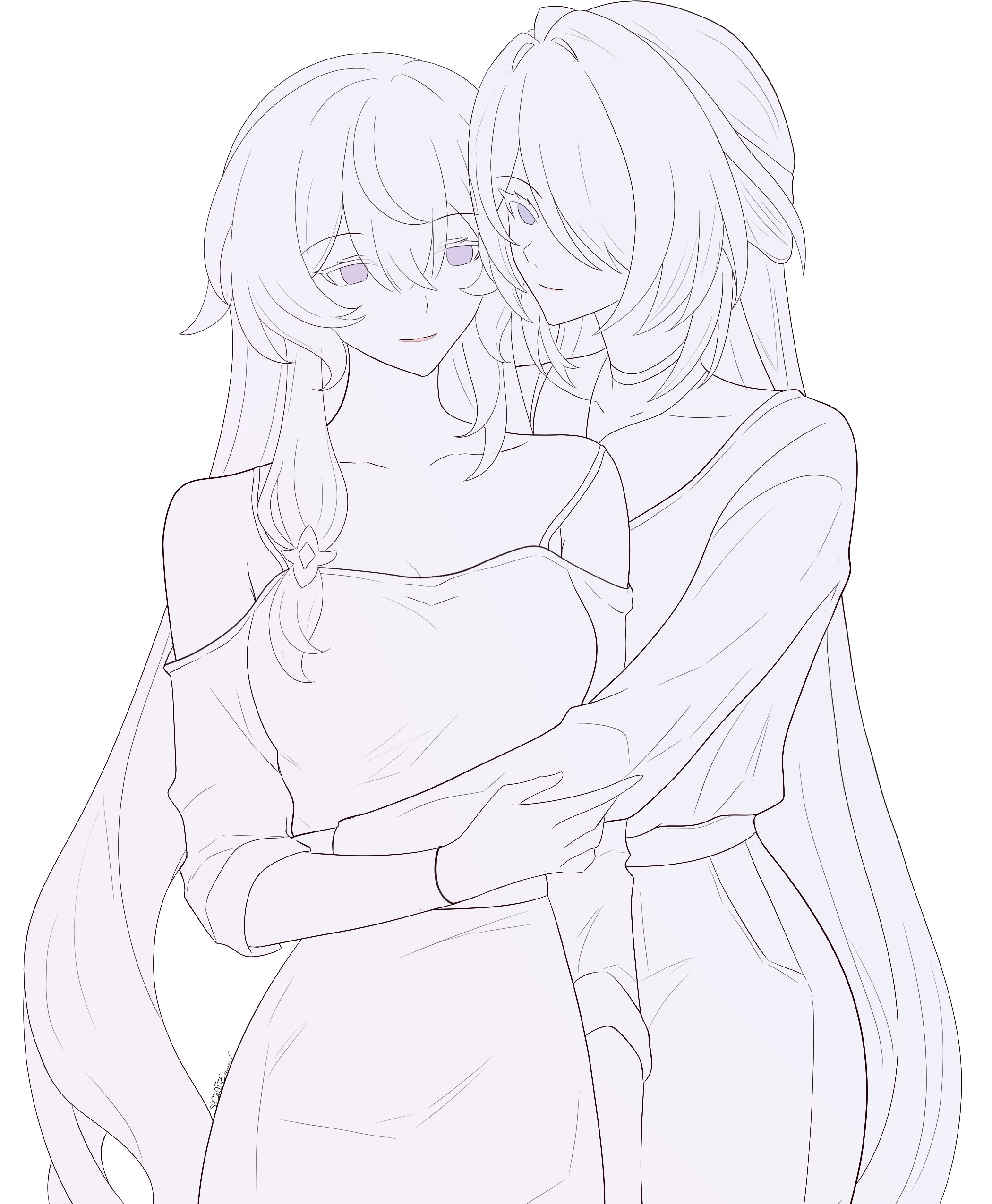 samlatte, acheron (honkai: star rail), black swan (honkai: star rail), honkai: star rail, honkai (series), absurdres, commentary, english commentary, highres, unfinished, 2girls, alternate costume, bare shoulders, breasts, choker, cleavage, closed mouth, collarbone, hair between eyes, hair over one eye, hug, hug from behind, jewelry, long hair, looking at another, medium breasts, multiple girls, necklace, pants, purple eyes, shirt tucked in, signature, simple background, skirt, smile, very long hair, white background, yuri