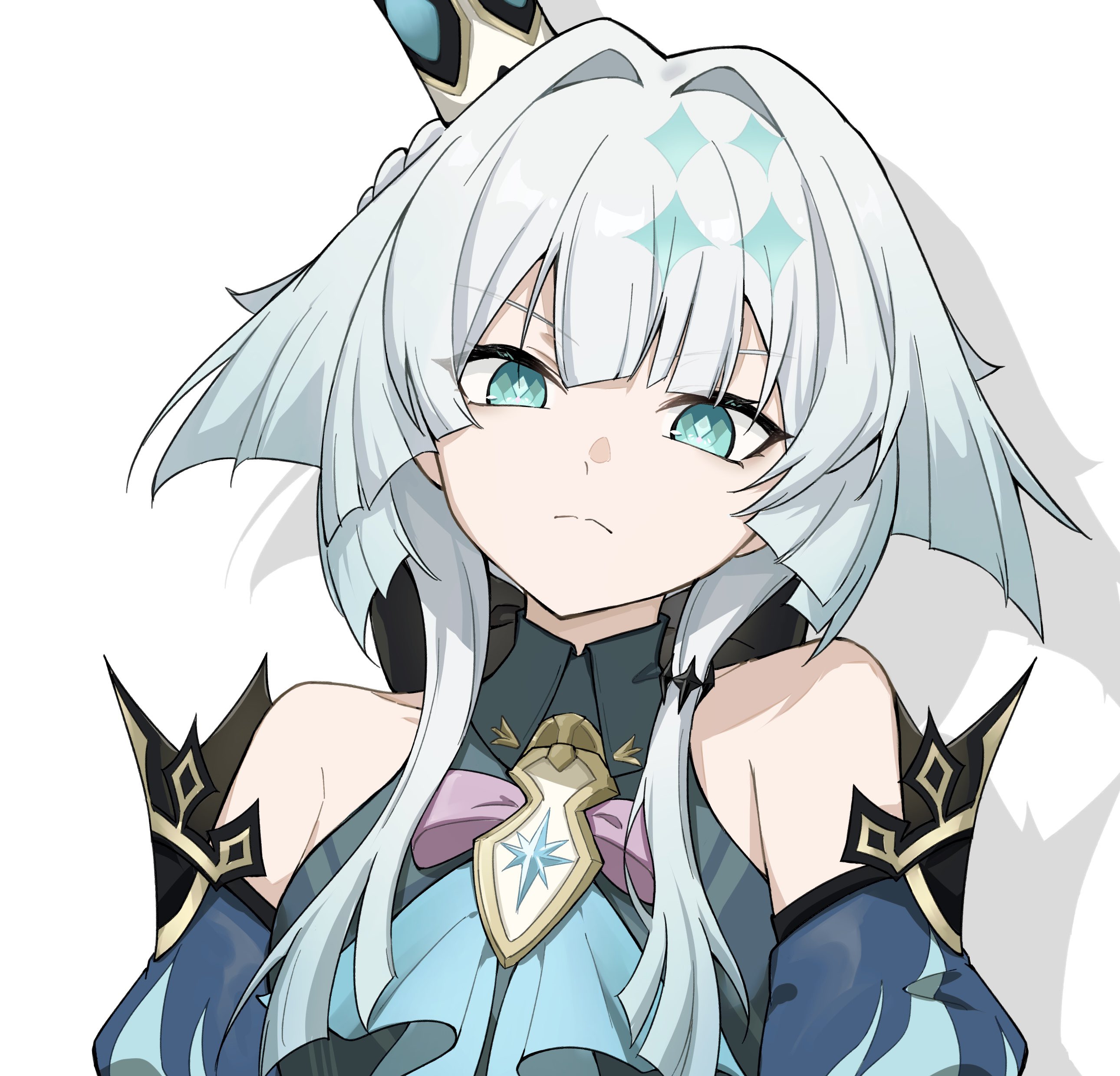 torein (and rain3), cerydra (honkai: star rail), honkai: star rail, honkai (series), absurdres, highres, 1girl, bare shoulders, blue dress, blue eyes, blue hair, crown, detached sleeves, dress, long bangs, long hair, looking at viewer, solo, upper body