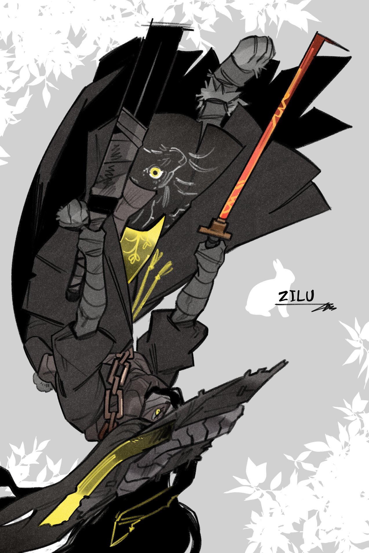 force (4sk force), zilu (project moon), limbus company, project moon, highres, 1girl, animal feet, bandage over one eye, black hair, black hanfu, chain, chinese clothes, conical hat, dark-skinned female, dark skin, full body, grey background, grey scarf, hanfu, holding, holding sword, holding weapon, long hair, long sleeves, one eye covered, scarf, simple background, solo, sword, upside-down, weapon, yellow eyes