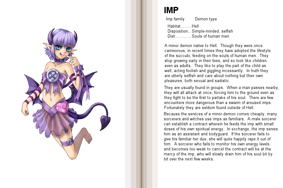 kenkou cross, imp (monster girl encyclopedia), monster girl encyclopedia, hard-translated, official art, third-party edit, translated, 1girl, :p, barefoot, blue eyes, blush, bow, character profile, choker, demon, demon girl, demon wings, english text, female focus, flat chest, horns, midriff, monster girl, navel, petite, pointy ears, purple hair, ribbon, see-through clothes, skirt, solo, tail, tongue, tongue out, wings