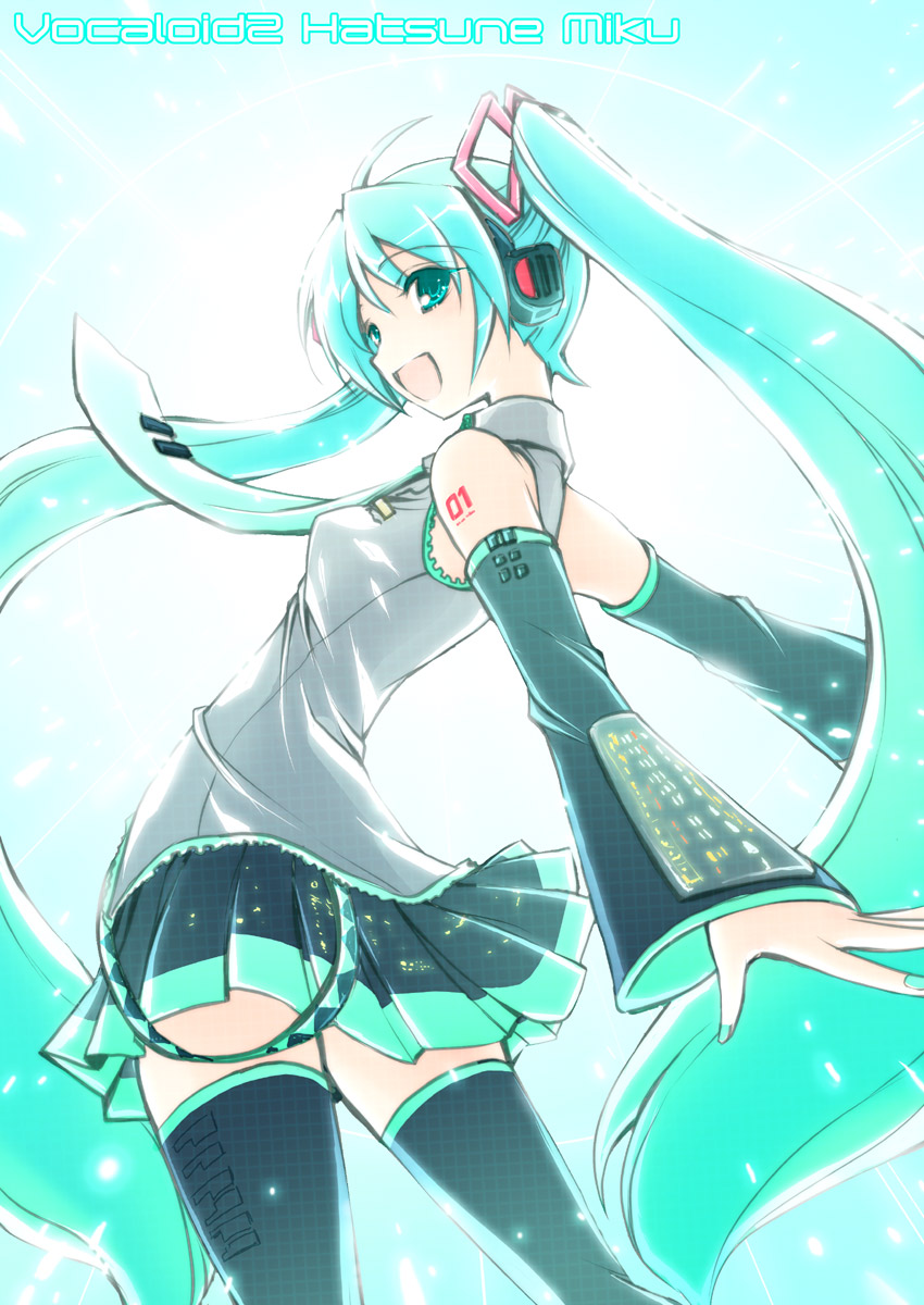 fujieda miyabi, hatsune miku, vocaloid, highres, 1girl, female focus, long hair, solo, thighhighs, twintails, very long hair