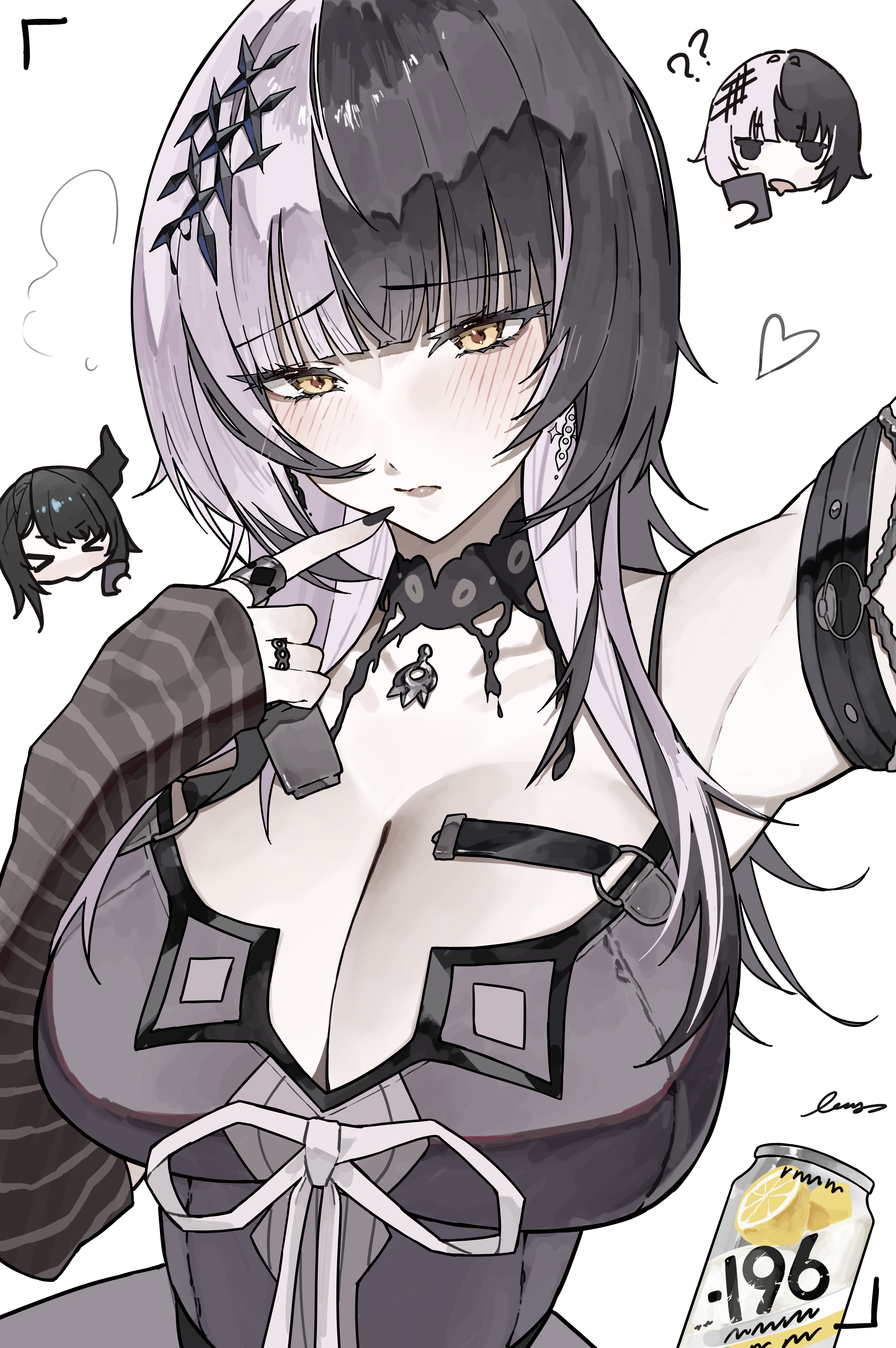 ewn, nerissa ravencroft, shiori novella, hololive, hololive english, absurdres, highres, 2girls, asymmetrical horns, black arm warmers, black choker, black dress, black hair, black nails, blue hair, breasts, chest belt, choker, cleavage, coat, colored inner hair, crystal horns, demon horns, dress, flower, fur-trimmed coat, fur trim, grey hair, hair ornament, horn flower, horns, lace, lace-trimmed choker, lace choker, lace trim, large breasts, long hair, looking at viewer, mole, mole under eye, multicolored hair, multiple girls, simple background, smile, solo focus, split-color hair, striped arm warmers, tassel, tassel hair ornament, two-tone hair, uneven horns, very long hair, virtual youtuber, white background, yellow eyes