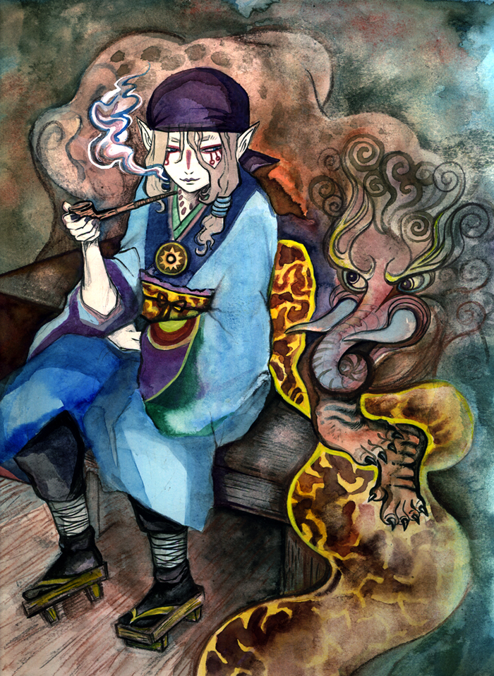 kusuriuri (mononoke), mononoke, 00s, 1boy, animal, bandana, blonde hair, blue eyes, bow, durag, facepaint, facial mark, full body, geta, japanese clothes, kimono, lipstick, long hair, makeup, male focus, nail polish, nue (creature), obi, pointy ears, sash, smoke, smoking pipe, solo