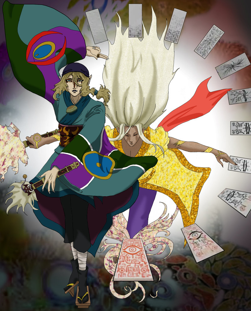 kusuriuri (mononoke), kusuriuri (shingi) (mononoke), mononoke, 00s, 2boys, bandana, blonde hair, bodypaint, bow, dark skin, demon form, dual persona, durag, facepaint, facial mark, geta, japanese clothes, kimono, lipstick, long hair, makeup, male focus, multiple boys, nail polish, obi, pointy ears, sash, sword, weapon, white hair