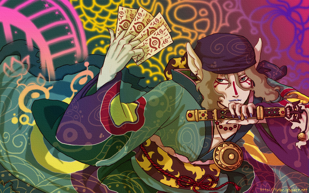 kusuriuri (mononoke), mononoke, 00s, 1boy, bandana, blonde hair, blue eyes, bow, durag, facepaint, facial mark, hair tie, japanese clothes, jewelry, kimono, lipstick, long hair, makeup, male focus, medallion, nail polish, necklace, obi, ofuda, pointy ears, sash, sheath, sheathed, solo, sun symbol, sword, weapon