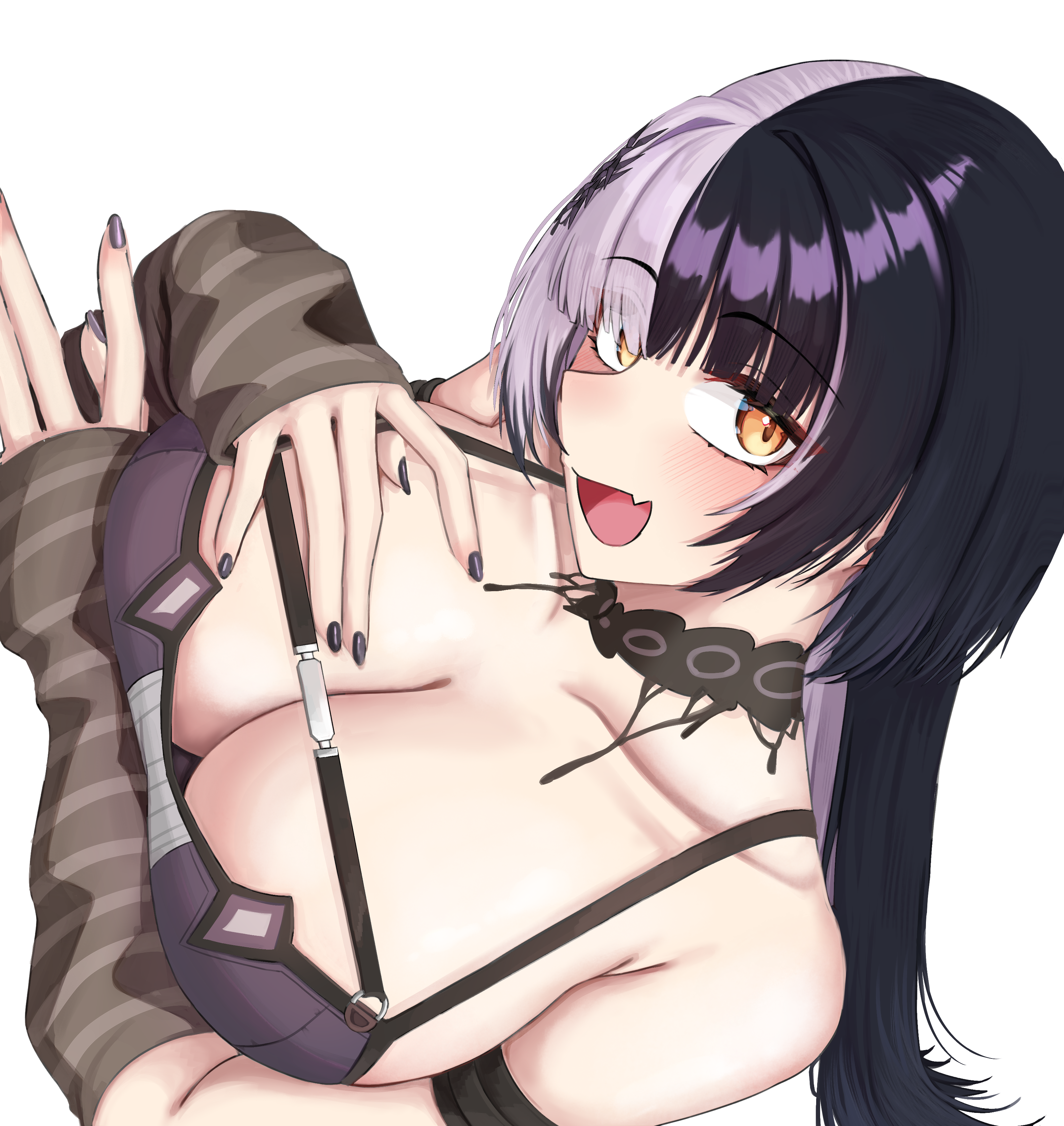 mmneko, shiori novella, shiori novella (1st costume), hololive, hololive english, absurdres, highres, 1girl, arm strap, black choker, black dress, black hair, black nails, breasts, choker, cleavage, dress, grey arm warmers, grey hair, huge breasts, long hair, looking at viewer, multicolored hair, open mouth, sideways, solo, split-color hair, striped arm warmers, transparent background, two-tone hair, virtual youtuber, yellow eyes