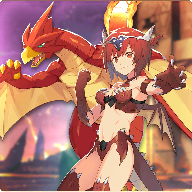 daina (monster farm), dragon (monster farm), pixie (monster farm), line: monster farm, monster farm, official art, armor, bikini armor, dragon, head wings, monster girl, red eyes, red hair, tail, tiara, wings, wyvern (monster farm)
