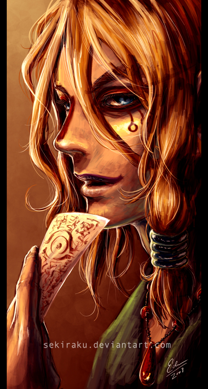 kusuriuri (mononoke), mononoke, 00s, 1boy, blonde hair, blue eyes, facepaint, facial mark, gradient background, lipstick, long hair, makeup, male focus, portrait, solo