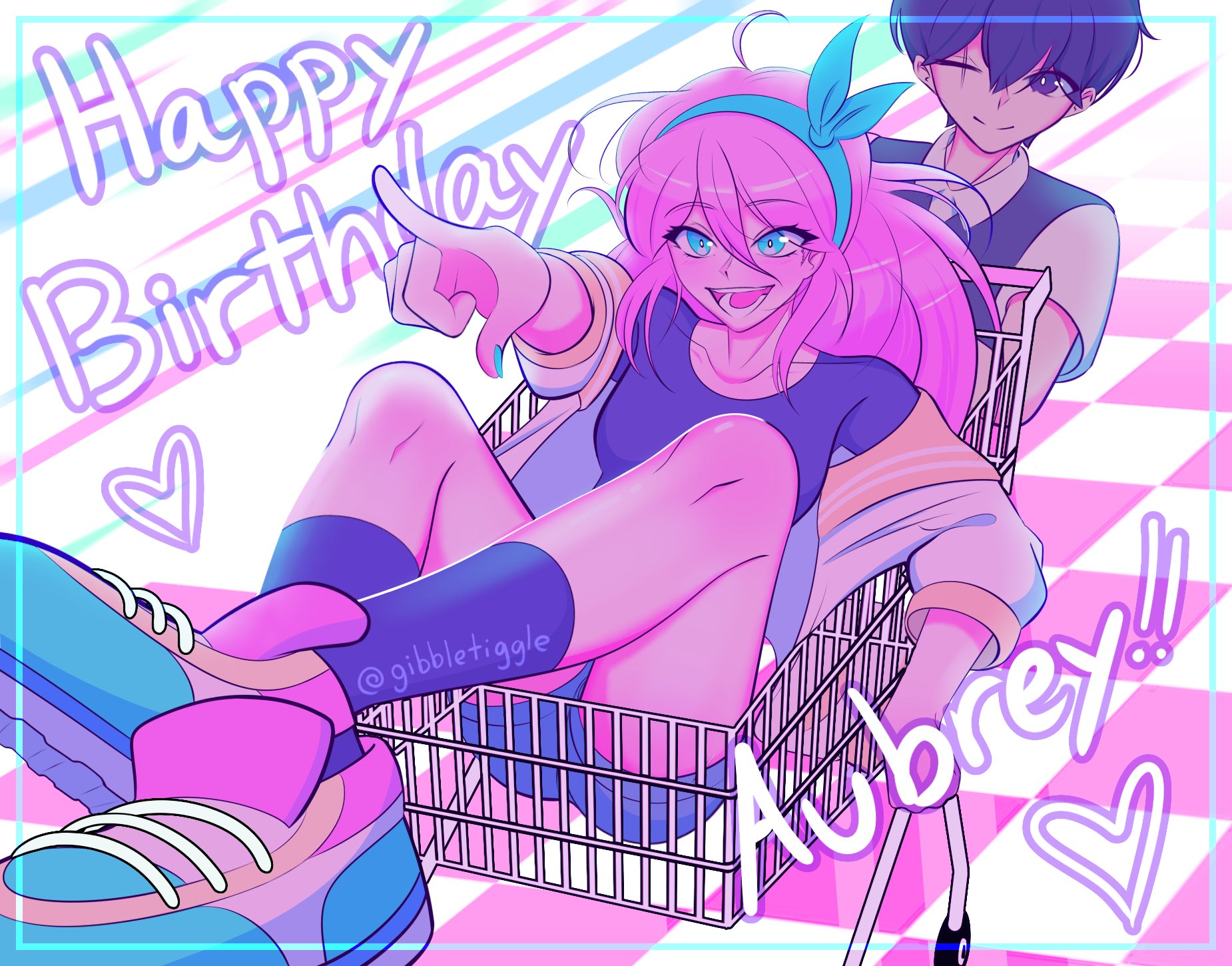 aubrey (faraway) (omori), aubrey (omori), sunny (omori), omori, highres, 1boy, 1girl, aqua hairband, black eyes, black hair, black shirt, black socks, black sweater vest, blue eyes, blue nails, collared shirt, denim, denim shorts, gibbletiggle, hairband, happy birthday, jacket, jacket partially removed, long hair, open mouth, pink hair, pointing, scar, scar across eye, scar on face, shirt, shoes, shopping cart, short hair, shorts, signature, smile, sneakers, socks, sweater vest, white jacket