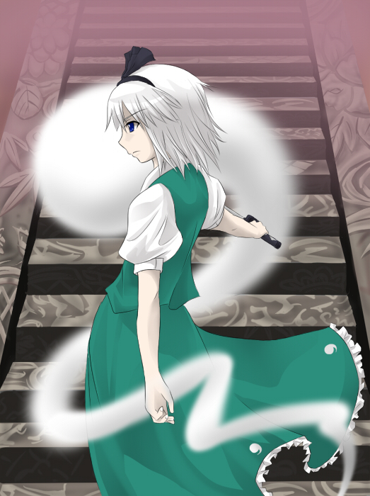 giren, konpaku youmu, konpaku youmu (ghost), touhou, bad id, bad pixiv id, 1girl, female focus, ghost, hairband, hitodama, ribbon, school uniform, serafuku, short hair, solo, white hair