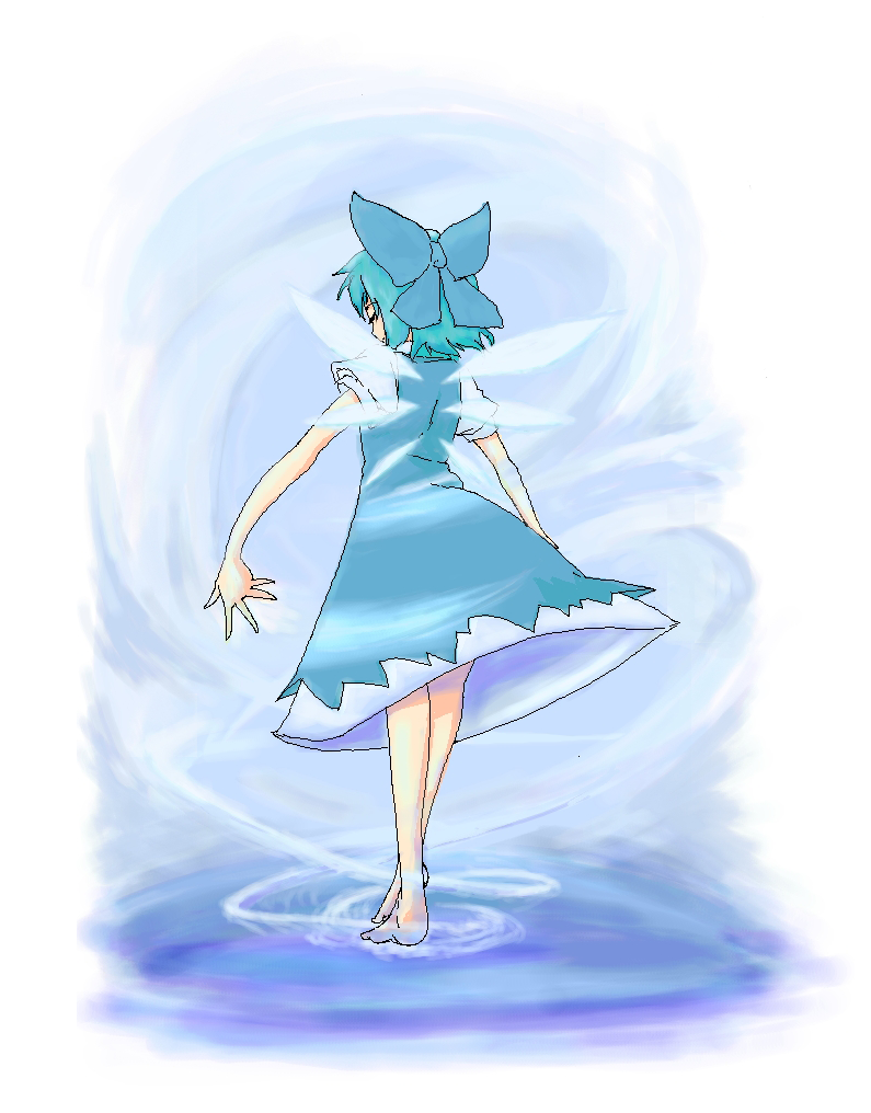 tsukino, cirno, embodiment of scarlet devil, touhou, 1girl, barefoot, blue hair, bow, female focus, ribbon, solo, wings