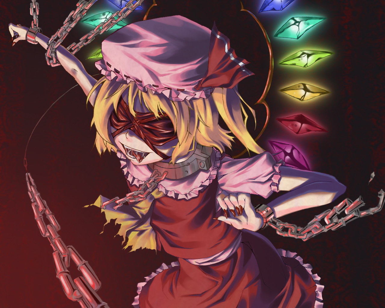 bz (pixiv), kokonoe shuu, flandre scarlet, touhou, 1girl, bdsm, blindfold, blonde hair, chain, collar, colored blindfold, cuffs, female focus, hat, mob cap, ribbon, solo, tongue, wings, yandere