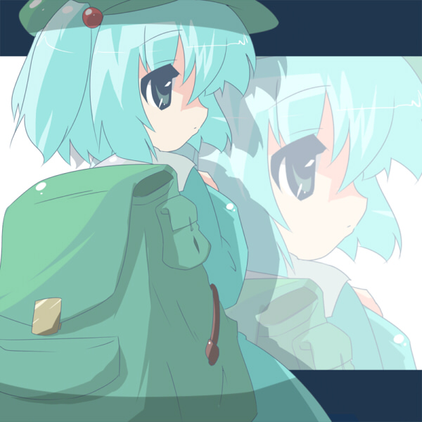 oka (bananashoe), kawashiro nitori, touhou, 1girl, backpack, bag, blue hair, female focus, hat, randoseru, solo, two side up