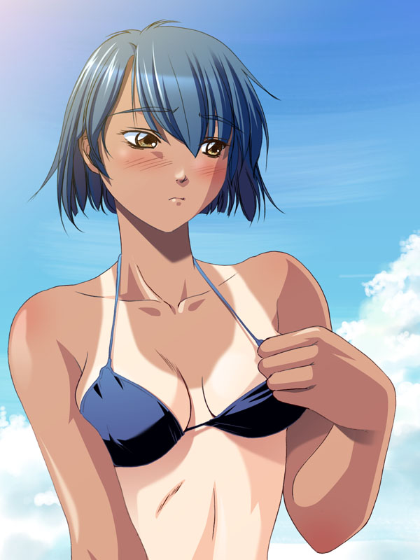 jiyuuyuu, looking away, bad id, bad pixiv id, 1girl, bikini, blue bikini, blue hair, blush, cloud, day, female focus, frown, one-piece tan, presenting tanlines, short hair, sky, solo, strap lift, swimsuit, tan, tanline, tanlines, yellow eyes