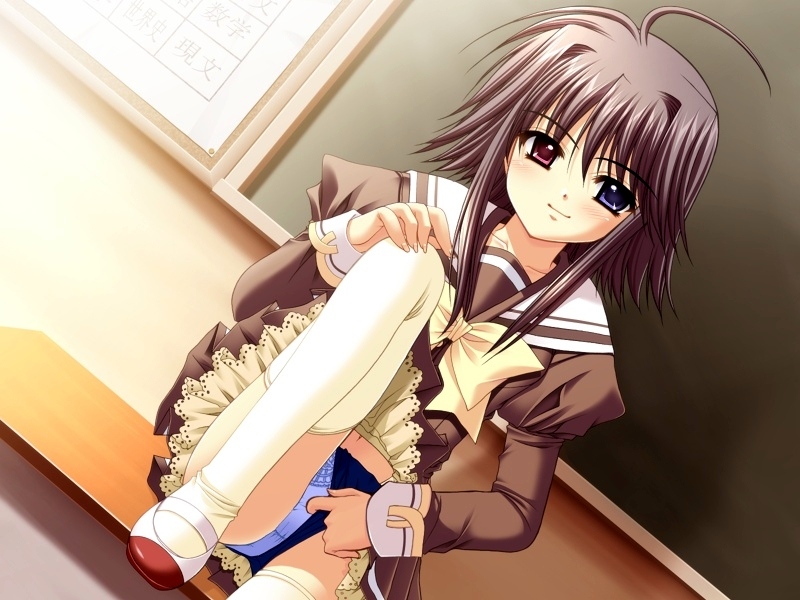 nishimata aoi, mayumi thyme, shuffle!, game cg, 00s, 1girl, bow, buruma, female focus, heterochromia, panties, pantyshot, school uniform, serafuku, solo, thighhighs, underwear