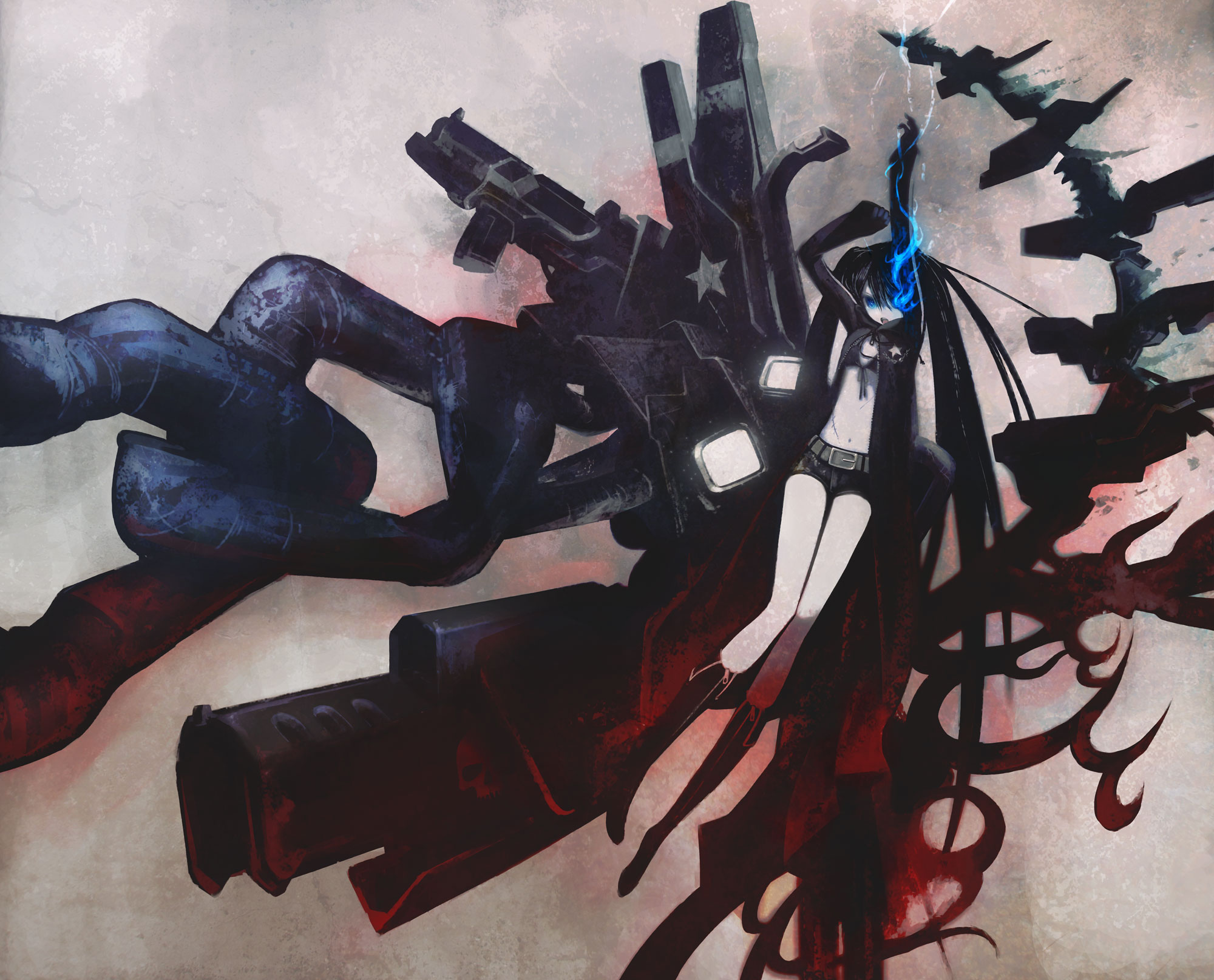 huke, black rock shooter (character), black rock shooter, highres, 10s, 1girl, arm cannon, belt, bikini, bikini top only, black hair, blue eyes, boots, chain, cloak, coat, female focus, fire, flat chest, front-tie top, gloves, glowing, glowing eye, glowing eyes, gun, hood, hooded jacket, jacket, knee boots, long hair, midriff, navel, pale skin, scar, short shorts, shorts, solo, star (symbol), stitches, swimsuit, twintails, uneven twintails, very long hair, weapon, zipper