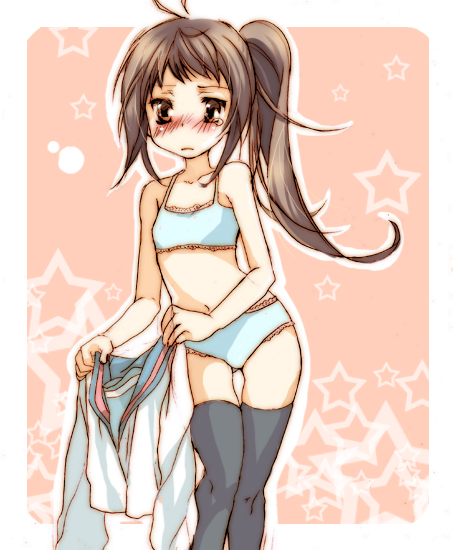 shima (6land), shima (artist), kyonko, suzumiya haruhi no yuuutsu, gender request, 00s, 1girl, blush, bra, brown eyes, brown hair, clothes change, female focus, flat chest, genderswap, lingerie, long hair, panties, ponytail, solo, tears, thighhighs, underwear, underwear only