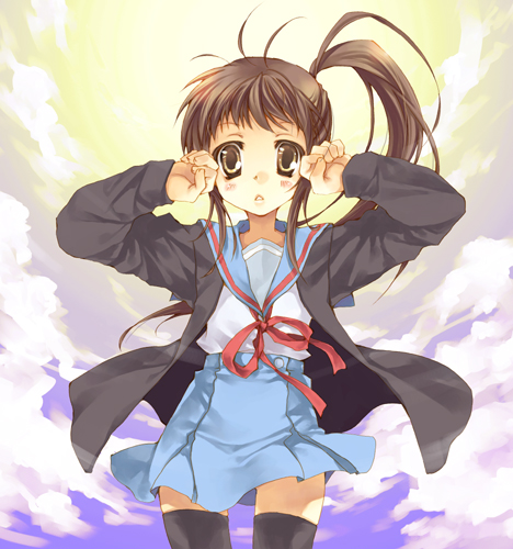 shima (6land), shima (artist), kyonko, suzumiya haruhi no yuuutsu, lowres, 00s, 1girl, brown eyes, brown hair, cardigan, cloud, female focus, genderswap, genderswap (mtf), long hair, ponytail, school uniform, serafuku, side ponytail, sky, solo, thighhighs, zettai ryouiki