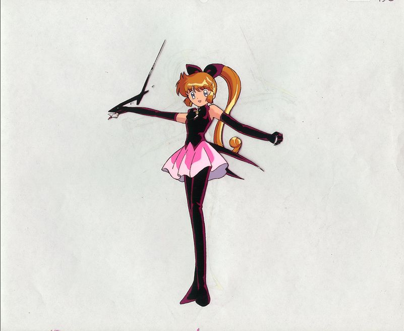 haneoka meimi, saint tail, kaitou saint tail, official art, 1990s (style), 1girl, cel, elbow gloves, female focus, gloves, magical girl, pantyhose, ponytail, retro artstyle, solo