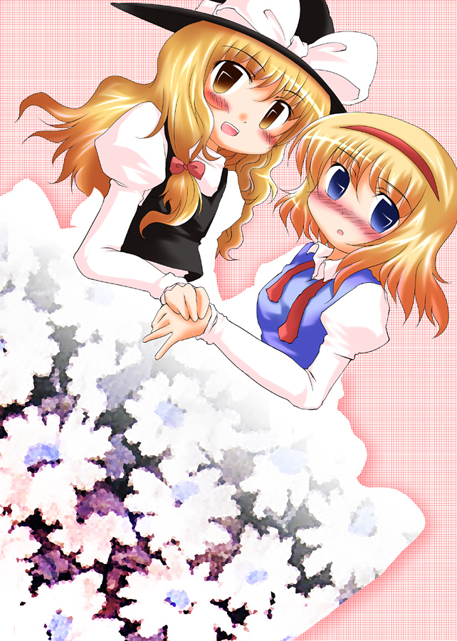 sekiri, alice margatroid, kirisame marisa, touhou, 2girls, blonde hair, blue eyes, blush, female focus, hairband, hat, long hair, multiple girls, ribbon