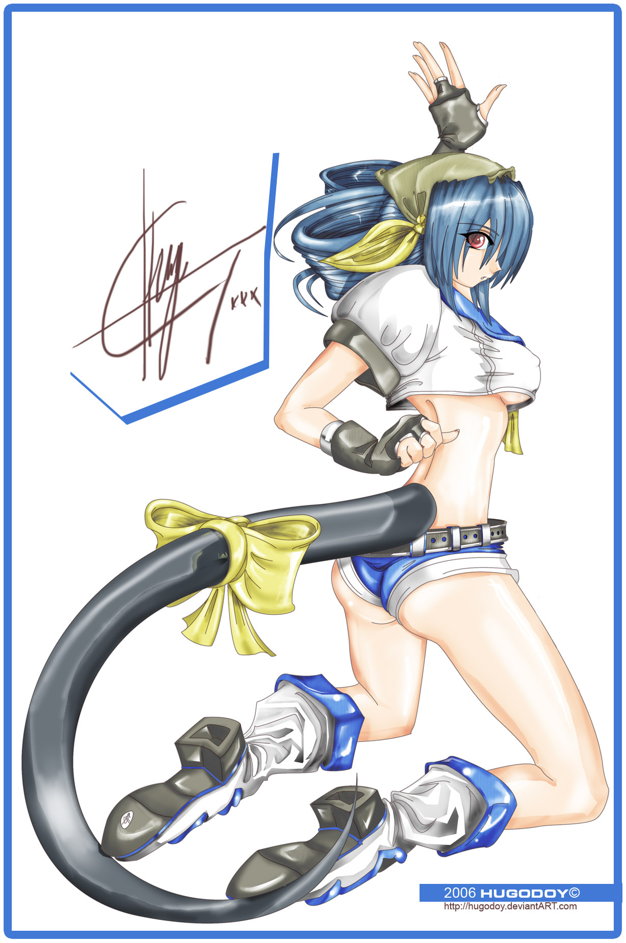 dizzy (guilty gear), arc system works, guilty gear, highres, bandana, blue hair, breasts, gloves, red eyes, tail, underboob