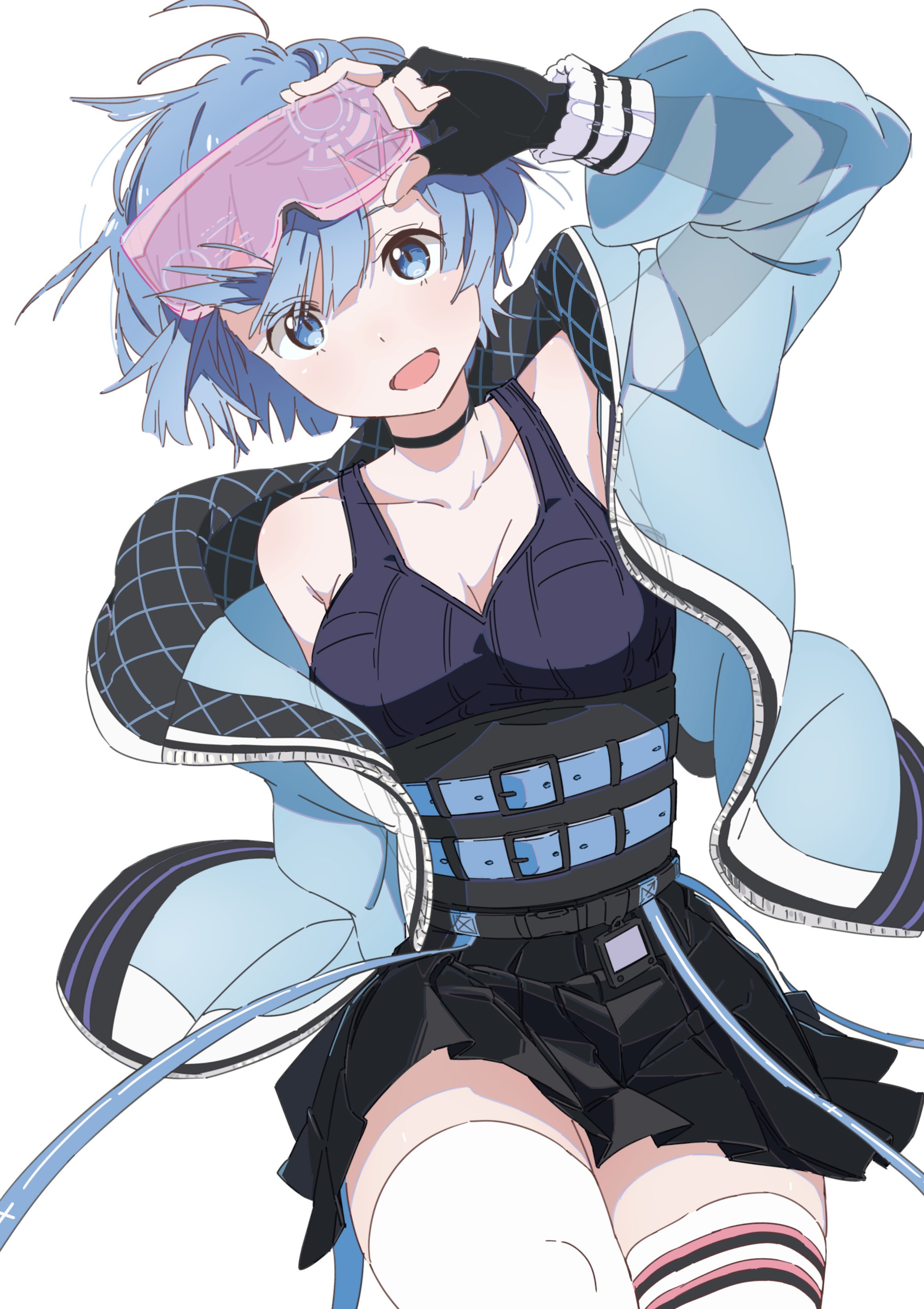 oninome tsuki, rem (re:zero), re:zero kara hajimeru isekai seikatsu, absurdres, highres, 1girl, belt, belt around waist, black choker, black gloves, black skirt, blue belt, blue eyes, blue hair, blue jacket, blue tank top, breasts, choker, cleavage, collarbone, cowboy shot, eyewear on head, fingerless gloves, gloves, goggles, jacket, large breasts, long sleeves, miniskirt, open clothes, open jacket, pleated skirt, skirt, smile, solo, tank top, thighhighs, thighs, white background