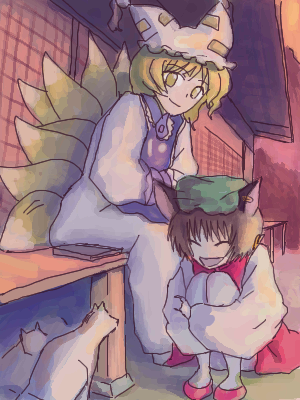 oisin, chen, yakumo ran, touhou, bad id, bad pixiv id, lowres, 2girls, animal ears, animal hat, blonde hair, brown hair, cat, cat ears, cat tail, closed eyes, earrings, female focus, fox tail, hat, hugging own legs, jewelry, long sleeves, mob cap, multiple girls, shoes, short hair, squatting, tail, tassel, wide sleeves, yellow eyes