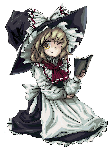 oisin, kirisame marisa, touhou, bad id, bad pixiv id, 1girl, blonde hair, book, female focus, full body, hat, one eye closed, simple background, solo, white background, wink, witch, witch hat, yellow eyes