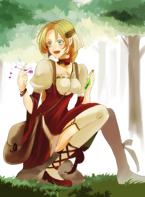 shoko makiko, original, bad id, bad pixiv id, ahoge, aqua eyes, bag, blonde hair, bracelet, choker, crazy eyes, fantasy, forest, garter belt, hair ornament, hairclip, jewelry, nature, potion, sitting, solo, thighhighs, tree