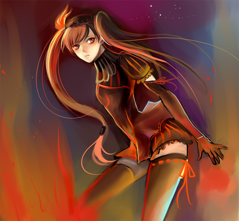 shoko makiko, layla (sound horizon), seisen no iberia, sound horizon, bad id, bad pixiv id, 1girl, elbow gloves, female focus, fire, gloves, skirt, solo, thighhighs, twintails, zettai ryouiki