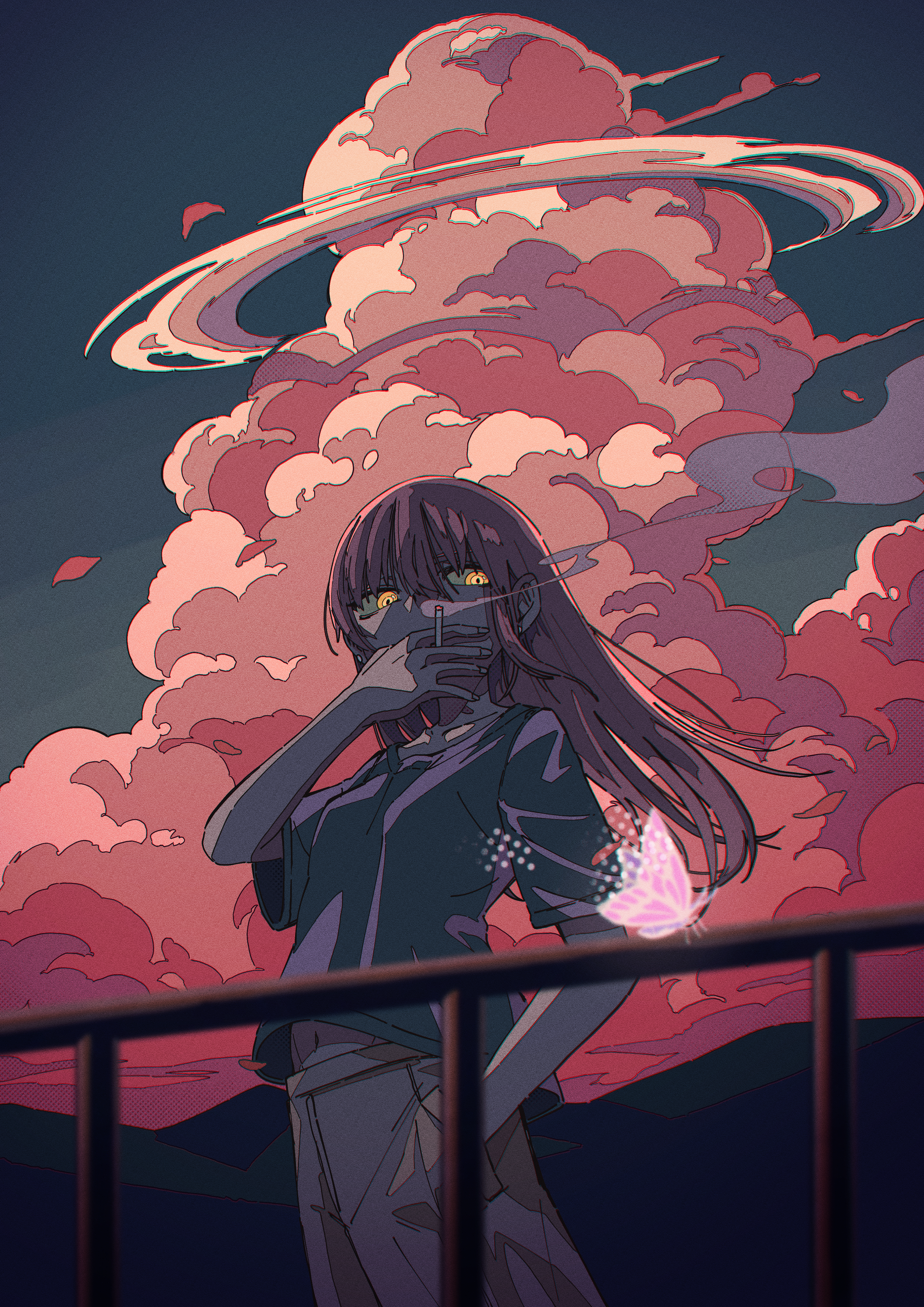 original, absurdres, commentary request, highres, 1girl, animal, blurry, blurry foreground, bug, butterfly, cigarette, cloud, cloudy sky, dusk, film grain, glowing, glowing animal, glowing eyes, hand in pocket, hand to own mouth, hand up, insect, ligne claire, long hair, looking at viewer, midriff peek, navel, outdoors, pants, pink clouds, railing, scenery, shirt, short sleeves, sky, smoking, solo, standing, t-shirt, tattsun (ta tsuki), yellow eyes