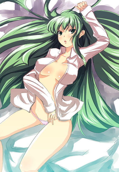 gin'ichi (akacia), ginichi, c.c., code geass, 00s, 1girl, bed, breasts, female focus, green eyes, green hair, long hair, lowleg, lowleg panties, lying, matching hair/eyes, no bra, open clothes, open shirt, panties, shirt, solo, underwear