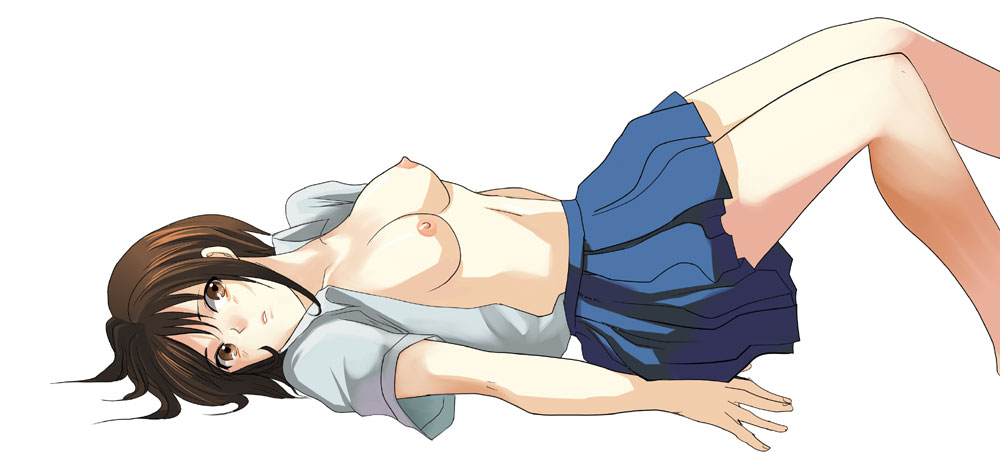 shoko makiko, bad id, bad pixiv id, 1girl, breasts, brown hair, female focus, large breasts, lying, nipples, no bra, open clothes, open shirt, school uniform, serafuku, shirt, solo