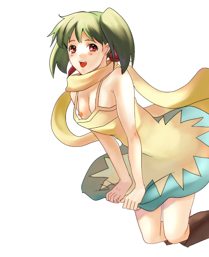 shoko makiko, ranka lee, macross, macross frontier, bad id, bad pixiv id, 00s, 1girl, breasts, cleavage, downblouse, female focus, flat chest, green hair, nipple slip, nipples, no bra, red eyes, scarf, small breasts, solo, wind, wind lift