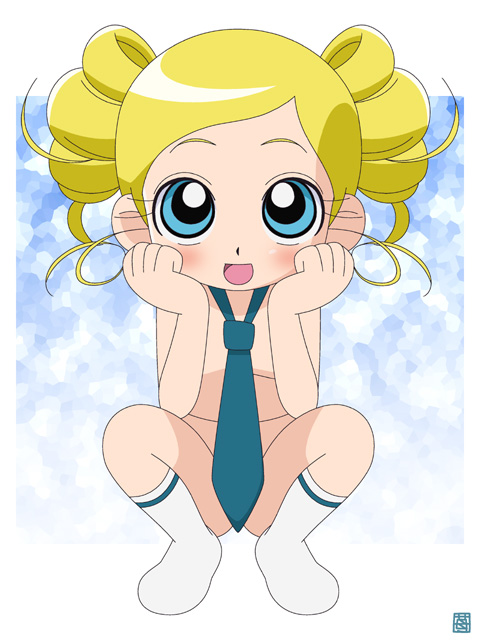 hatomugisan, goutokuji miyako, rolling bubbles, cartoon network, powerpuff girls, powerpuff girls z, 00s, 1girl, blonde hair, blue background, blue eyes, blue necktie, blush, censored, convenient censoring, drill hair, female focus, head rest, loli, looking at viewer, necktie, nude, open mouth, smile, socks, solo, squatting, twin drills, twintails, white socks