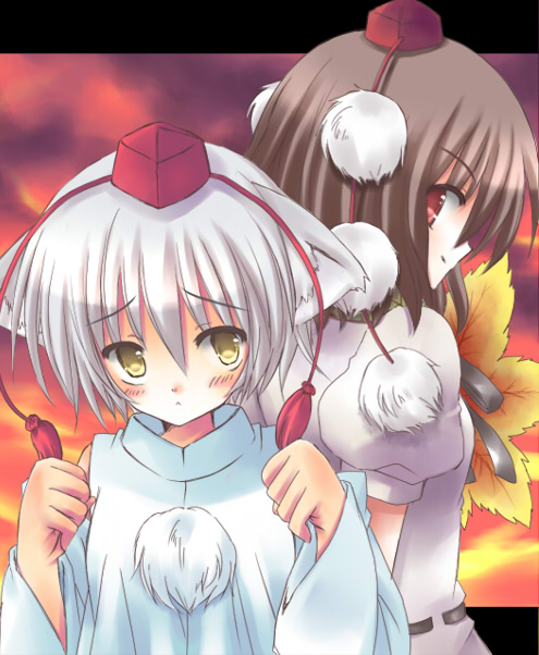 suzuki (chidori), suzuki ao, inubashiri momiji, shameimaru aya, touhou, silver hair, 2girls, animal ears, black hair, female focus, hat, multiple girls, red eyes, short hair, wolf ears, yellow eyes