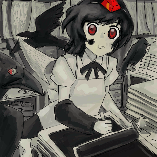 oisin, shameimaru aya, touhou, bad id, bad pixiv id, lowres, 1girl, bird, black hair, crow, female focus, hat, looking at viewer, open mouth, paint, red eyes, red hat, solo