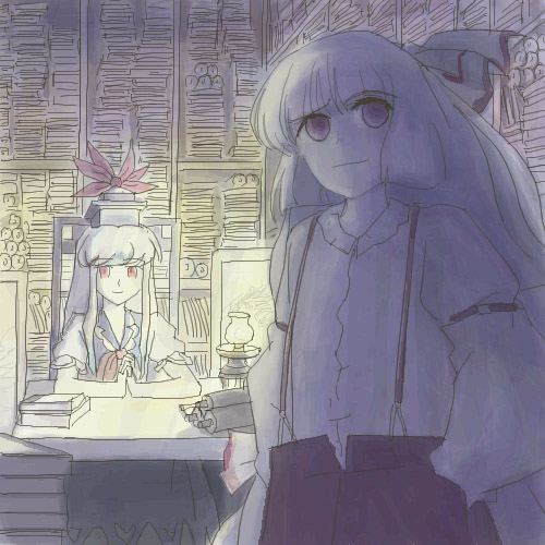oisin, fujiwara no mokou, kamishirasawa keine, touhou, bad id, lowres, 2girls, female focus, hat, indoors, multiple girls, sitting, standing