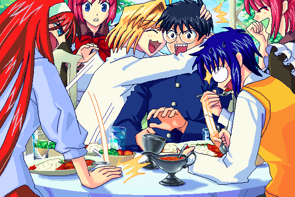 oisin, arcueid brunestud, ciel (tsukihime), hisui (tsukihime), kohaku (tsukihime), tohno akiha, tohno shiki, vermillion akiha, tsukihime, bad id, bad pixiv id, 00s, 1boy, 5girls, angry, black hair, blonde hair, blue hair, closed eyes, curry, eating, food, glasses, multiple girls, oekaki, pink hair, red hair, siblings, sisters, twins