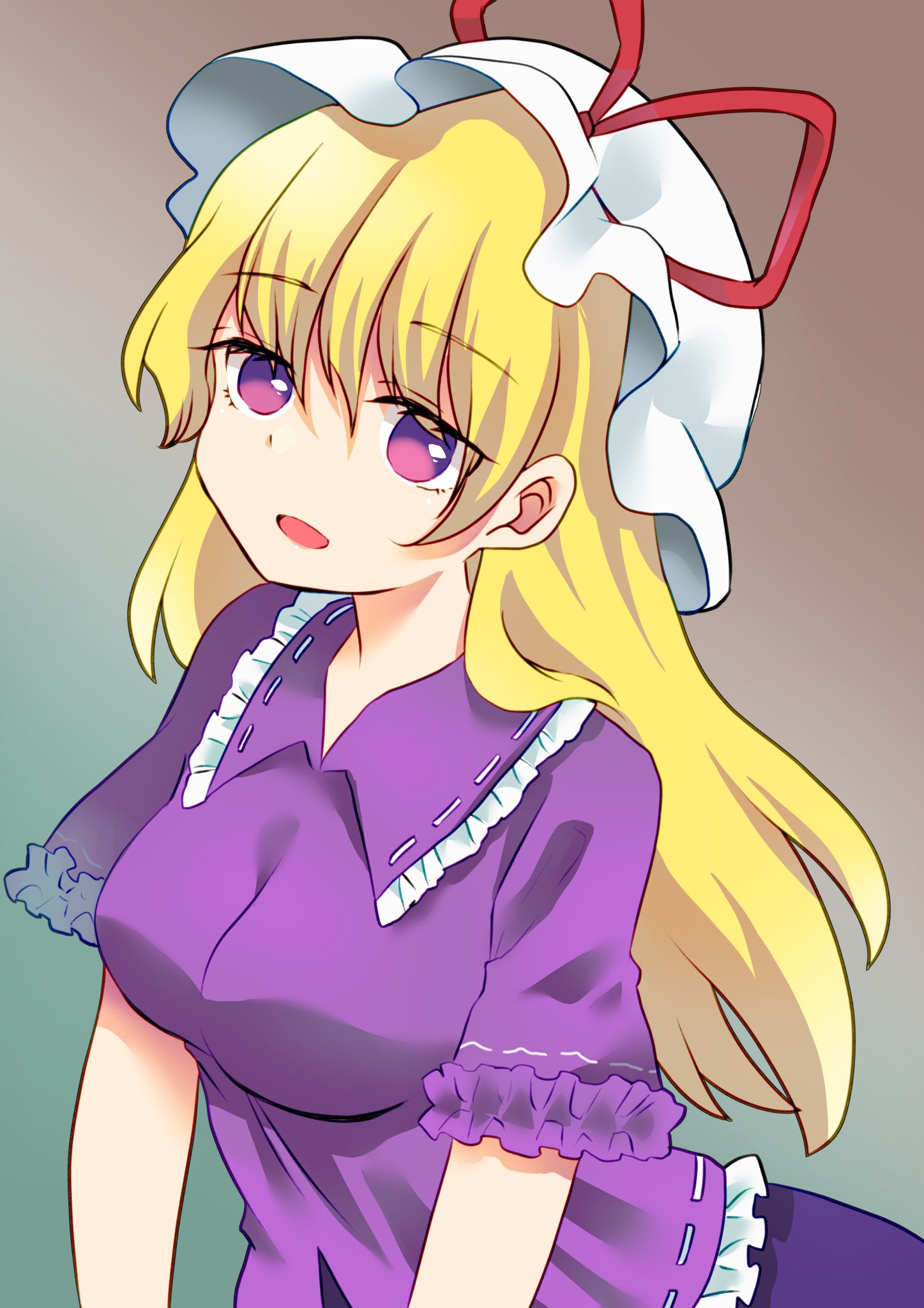 kokonotsu (mozu), taboo japan disentanglement, touhou, highres, 1girl, blonde hair, breasts, collar, frills, gradient background, hat, hat ribbon, large breasts, long hair, mob cap, open mouth, purple collar, purple eyes, purple shirt, purple skirt, red ribbon, ribbon, shirt, short sleeves, simple background, skirt, solo, white hat