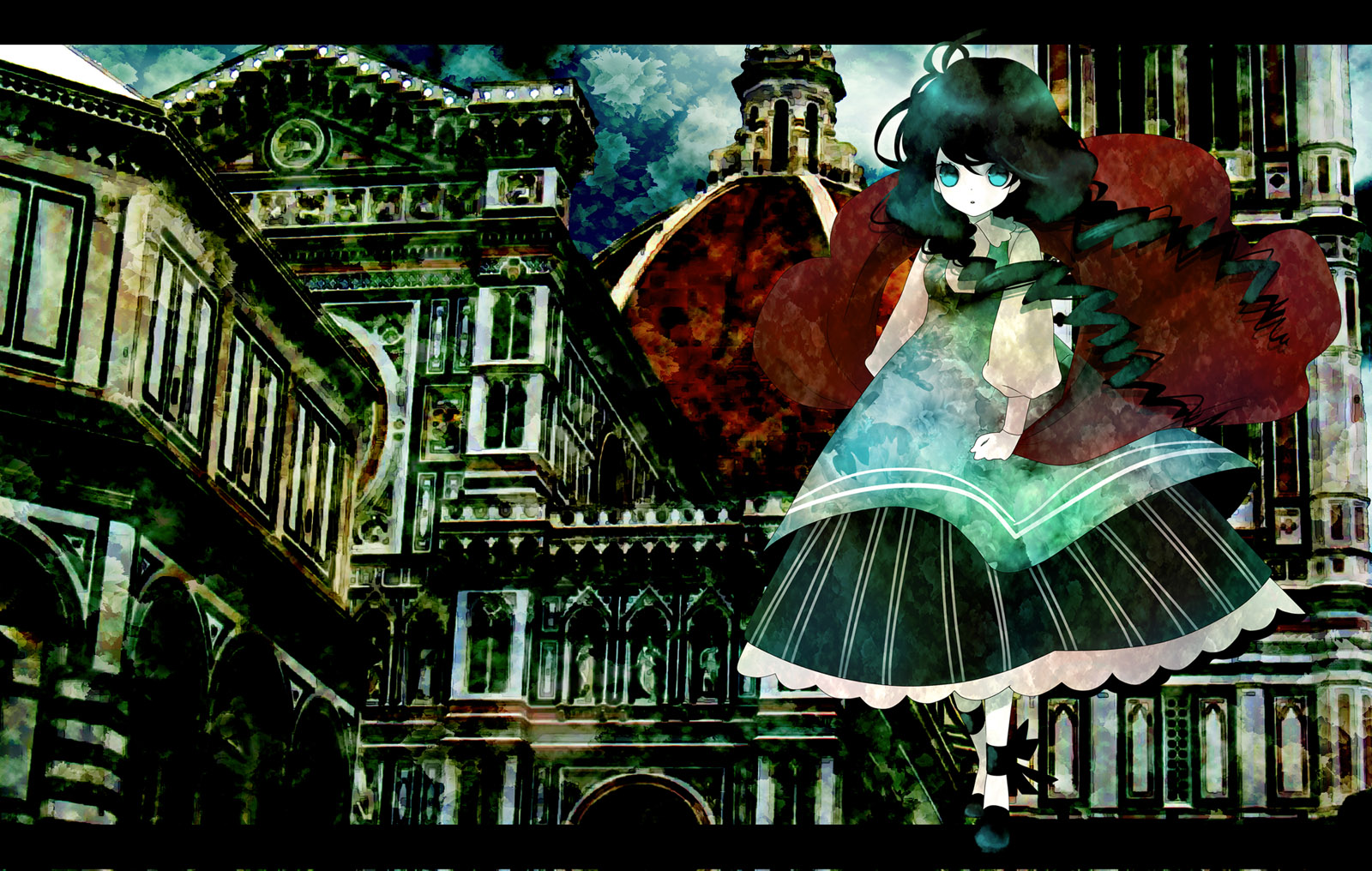 yoko (shiocolor), original, bad id, bad pixiv id, highres, aqua eyes, black hair, dress, drill hair, letterboxed, long hair, siomusubi, solo