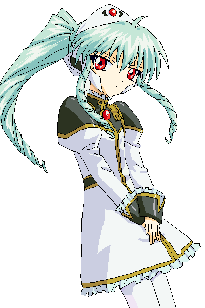 oisin, vanilla h, broccoli (company), galaxy angel, uniform, bad id, bad pixiv id, 00s, 1girl, drill hair, female focus, green hair, high ponytail, long hair, looking at viewer, pantyhose, ponytail, red eyes, simple background, solo, white background