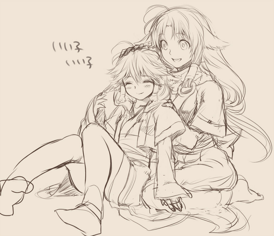 chimari, marui (koedame), aruruu, eruruu, utawarerumono, bad id, bad pixiv id, 00s, 2girls, animal ears, crazy eyes, happy, headpat, long hair, monochrome, multiple girls, sitting