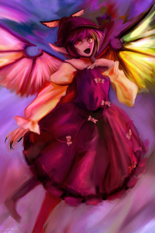 oisin, mystia lorelei, touhou, bad id, 1girl, :o, animal ears, black nails, brown eyes, dress, female focus, fingernails, hand on own chest, hat, heterochromia, long fingernails, long sleeves, looking at viewer, multicolored wings, nail polish, open mouth, pink dress, pink eyes, pink hair, purple hat, sharp fingernails, short hair, sketch, solo, standing, wings