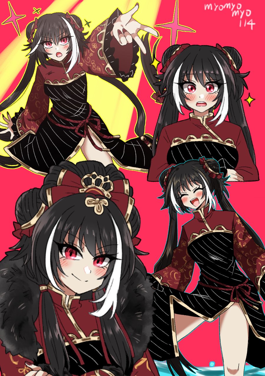 jia xichun (project moon), limbus company, project moon, commentary request, highres, 1girl, :d, :o, black dress, black hair, chinese clothes, double bun, dress, fur trim, hair bun, long hair, long sleeves, looking at viewer, multicolored hair, multiple views, myomyomyo114, open mouth, pink background, pink eyes, red shrug, rope belt, simple background, smile, solo, standing, streaked hair, twintails, upper body