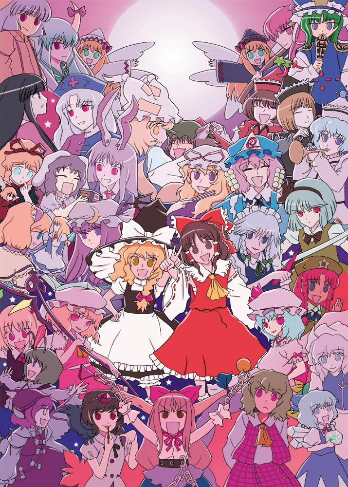 oisin, alice margatroid, chen, cirno, ex-keine, flandre scarlet, fujiwara no mokou, hakurei reimu, hong meiling, houraisan kaguya, ibuki suika, inaba tewi, izayoi sakuya, kamishirasawa keine, kazami yuuka, kirisame marisa, konpaku youmu, letty whiterock, lily black, lily white, lunasa prismriver, lyrica prismriver, medicine melancholy, merlin prismriver, mystia lorelei, onozuka komachi, patchouli knowledge, reisen udongein inaba, remilia scarlet, rumia, saigyouji yuyuko, shameimaru aya, shanghai doll, shiki eiki, su-san, wriggle nightbug, yagokoro eirin, yakumo ran, yakumo yukari, touhou, bad id, 6+girls, animal ears, animal hat, antennae, ascot, bird, black hair, blonde hair, blue eyes, box, braid, brown hair, cat ears, cat girl, chain, crow, double bun, dual persona, earrings, everyone, fairy wings, female focus, frog, frozen, green hair, hair bun, hat, horns, ice, instrument, jewelry, keyboard (instrument), knife, long sleeves, mob cap, multiple girls, orange hair, plaid clothes, plaid skirt, plaid vest, purple hair, rabbit ears, red eyes, rod of remorse, scythe, short hair, skirt, skirt set, smile, star (symbol), sword, tassel, tokin hat, trumpet, vest, weapon, white hair, wide sleeves, wings, yellow eyes