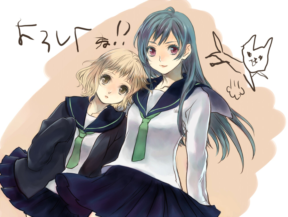 chimari, marui (koedame), shinonome chika, tanishiro karin, pianissimo (baross-soft), pianissimo (game), bad id, bad pixiv id, 2girls, :3, blonde hair, blue hair, brown eyes, cardigan, cat, dutch angle, flat chest, hug, long hair, long sleeves, multiple girls, necktie, open clothes, open mouth, open shirt, pleated skirt, purple eyes, red eyes, school uniform, serafuku, shirt, short hair, sketch, skirt, sleeves past wrists, smile, yellow eyes